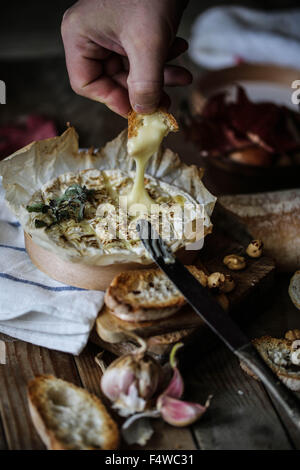 Qualcuno prendere un pezzo di cotto Coulommiers formaggio Foto Stock