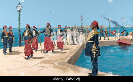 Corsa dell'Imperatore di Germania Guglielmo II, alla Palestina. Ingresso degli imperatori di Haifa, 1898. L'incisione nell'illustrazione. Colorati. Foto Stock