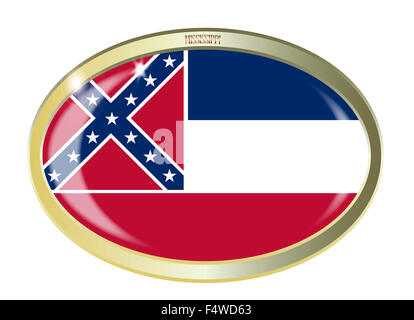 Metallo ovale pulsante con la bandiera del Mississippi isolato su uno sfondo bianco Foto Stock