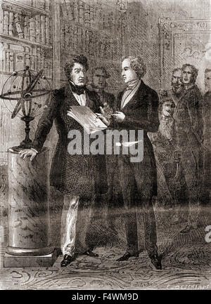 Urbain Jean Joseph Le Verrier, destra, ricevuto dal Re Louis-Philippe, sinistra, alle Tuileries, Parigi, Francia, dopo la sua scoperta del pianeta Nettuno nel 1846. Urbain Jean Joseph Le Verrier , 1811 - 1877. Matematico francese che specializzata in meccanica celeste. Foto Stock