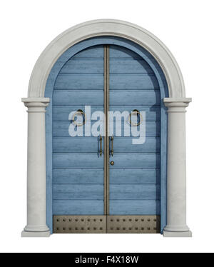 In legno antico porta anteriore con portale in pietra isolato su bianco -3D Rendering Foto Stock