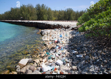 Plastica e vetro detriti marini si è incagliata nel porto di un Nord isola del Pacifico Foto Stock