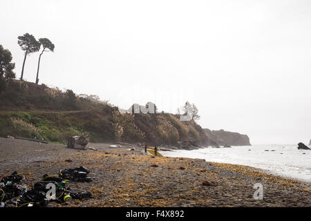 I subacquei preparando per un tuffo lungo la costa di Mendocino in California. Foto Stock