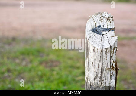 Vecchio arrugginito palo di legno con una freccia nera verniciata Foto Stock