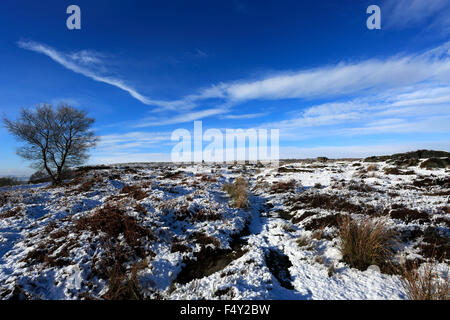 Gennaio, neve invernale vista sul bordo Froggatt e Big Moor; Derbyshire County; Parco Nazionale di Peak District; Inghilterra; Regno Unito Foto Stock