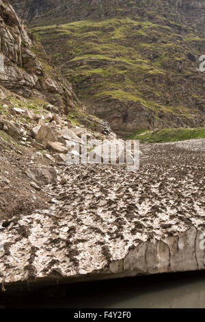 India, Himachal Pradesh, Lahaul Valley, Sissu, acqua che scorre sotto il precedente anno di cumulo di neve Foto Stock