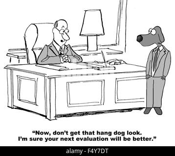Business cartoon di boss dicendo al cane, 'Adesso non ottenere che pendono cane guarda... la vostra prossima valutazione sarà meglio". Foto Stock