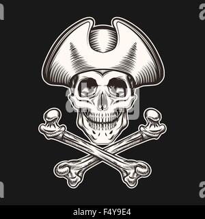 Cranio in pirate hat e crossbones.illustrazione in stile tatuaggio. Isolato su nero. Illustrazione Vettoriale