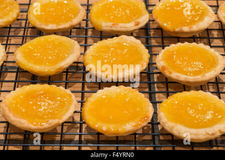 Cagliata di limone Marmellata crostata di torta crostate pronti per la consumazione di pasti caldi fatti in casa al di fuori del forno dessert in una riga Foto Stock