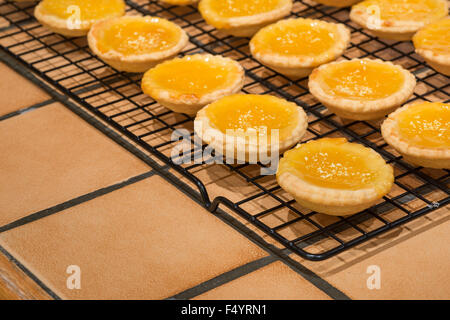 Cagliata di limone Marmellata crostata di torta crostate pronti per la consumazione di pasti caldi fatti in casa al di fuori del forno dessert in una riga Foto Stock