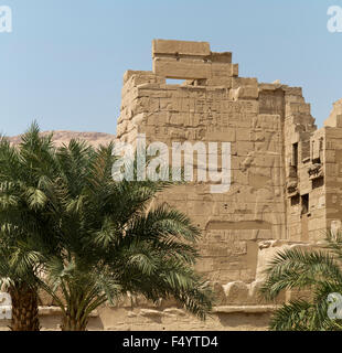 Vista dei rilievi sul primo pilone presso il tempio del faraone Ramesse III, Medinet Habu, West Bank, Luxor, Egitto Foto Stock