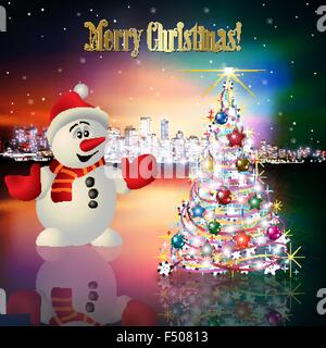 Abstract rosa di natale illustrazione vettoriale con la silhouette della città pupazzo di neve e albero Illustrazione Vettoriale