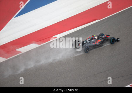 Austin, Texas USA Ottobre 25, 2015: pilota di Formula 1 Jenson Button le gare di qualifica a un circuito imbevuto delle Americhe in pista nella giornata di domenica. Gli ufficiali di gara sono insistenti sulla santificazione della domenica il Gran Premio degli Stati Uniti in programma, nonostante la continua il maltempo. Credito: Bob Daemmrich/Alamy Live News Foto Stock