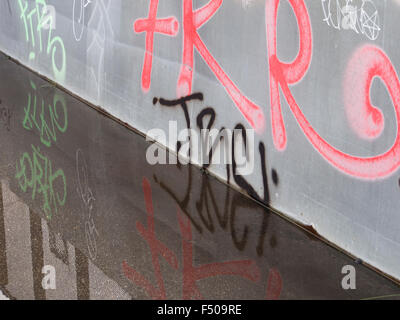 In acciaio lucido parete o ringhiera con graffiti riflessa nell'acqua su asfalto, Oslo Norvegia Foto Stock