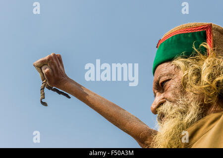 Shiva sadhu da juna akhara, uomo santo, praticando urdha tapa, sollevamento braccio ohne per molti anni per motivo spirituale al sanga Foto Stock