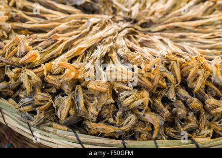 Cesti riempiti con pesci secchi sono in vendita presso il settimanale mercato ortofrutticolo Foto Stock