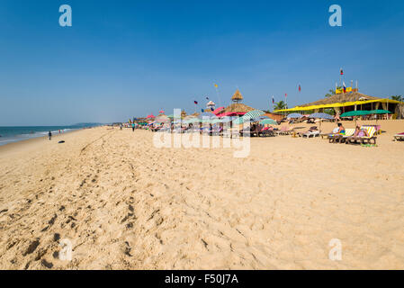 Il candolim spiaggia con ombrelloni, sabbia bianca e blu cielo è una delle famose spiagge dell'ex colonia portoghese di Goa Foto Stock