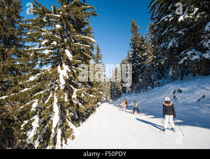 Gli sciatori su una pista da sci piste pendenza passando attraverso gli alberi in località alpina Foto Stock