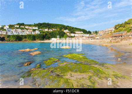 Looe Cornwall Inghilterra Regno Unito con la spiaggia ed il blu del mare e del cielo illustrazione come la pittura ad olio Foto Stock