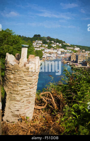 Città di Looe Cornwall Inghilterra UK con il fiume e il blu del mare e del cielo illustrazione come la pittura ad olio Foto Stock