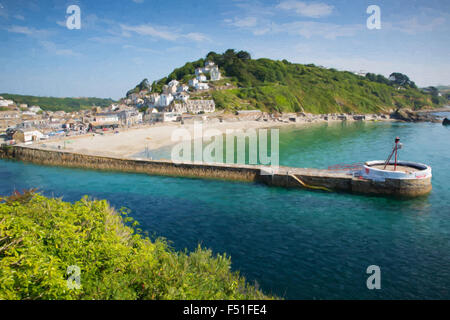 Cornovaglia Looe costa Sud Ovest Inghilterra con il blu del mare su una soleggiata giornata estiva illustrazione come la pittura ad olio Foto Stock