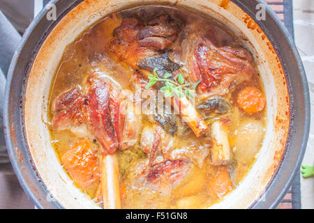 Uno stufato pieno di gustosi gambo di agnello, erbe aromatiche e carote Foto Stock