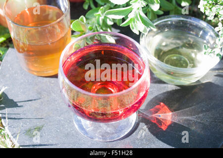 Aceto di vino rosso, nella parte anteriore di Apple e di aceto di vino bianco Foto Stock