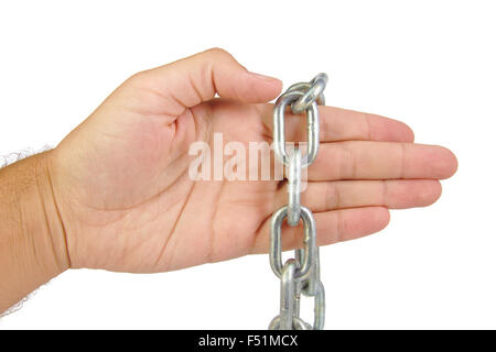 Le mani e la catena isolata su uno sfondo bianco Foto Stock