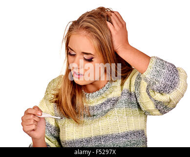 Donna con le mani sui malati di testa. Temperatura alta. Foto Stock