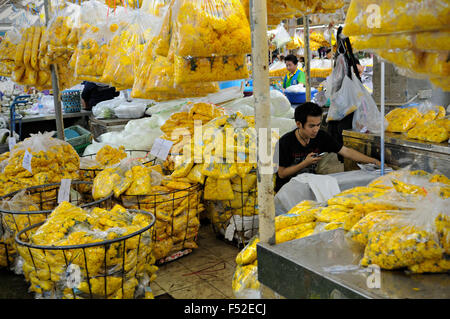 Giovane uomo e fiori di colore giallo all'interno di sacchi a Pak Khlong Talat, un mercato dei fiori a Bangkok, in Thailandia Foto Stock