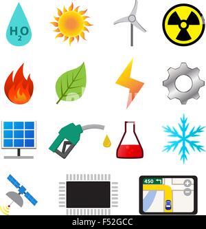 Gruppo di alimentazione e sistema di energia a schermo piatto a colori e icone, vettore Illustrazione Vettoriale