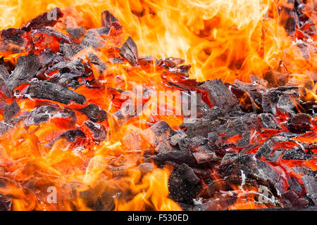 Nishinomiya, Giappone, Mondo Yakujin tempio buddista di bruciare il vecchio buona fortuna fascino. Close up del fuoco ferocemente annerito su blocchi di carta. Foto Stock