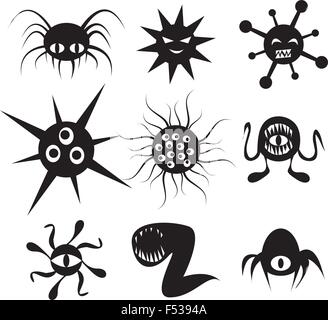 Set di virus icona piatta con emozione. I batteri e la cellula di cancro, vettore Illustrazione Vettoriale