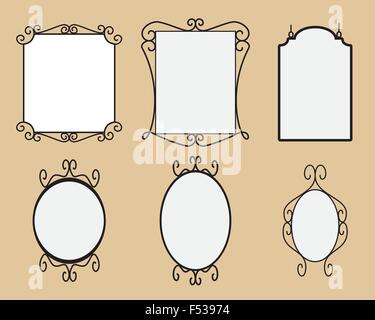 Specchio e cornice nera con la curva di confine di acciaio in stile retrò vettore. Illustrazione Vettoriale