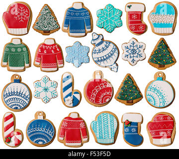 Raccolta di Natale gingerbread cookies isolato su bianco Foto Stock