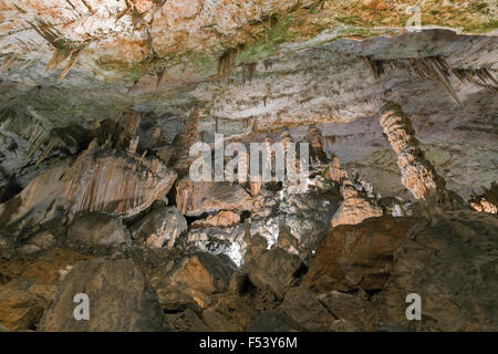 Formazioni all'interno di grotte con stalattiti e stalagmiti. Le grotte di Postumia, Slovenia. Foto Stock