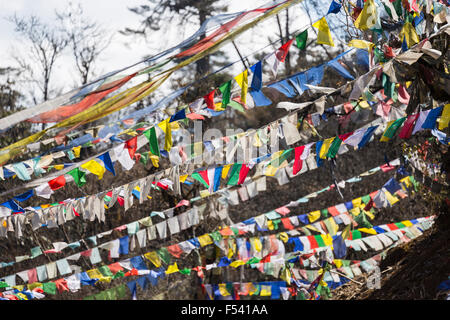 Bandiere di preghiera, Pele La mountain pass, Wangdue Phodrang, Bhutan Foto Stock