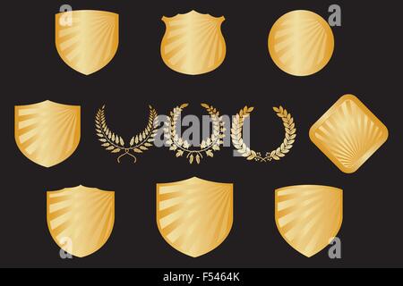 Collezione di scudi d'oro e ghirlande - isolato su sfondo nero Illustrazione Vettoriale