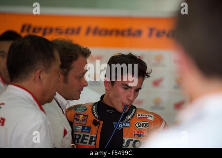 Dal Circuito di Sepang, in Malesia. 25 ott 2015. Marc Marquez era visibilmente sconvolto dopo il crash fuori gara. Foto Stock