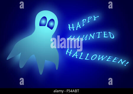 Ghost incandescente con testo Happy Haunted Halloween su blu scuro gradiente dello sfondo Foto Stock