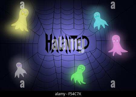 Spider Web con Word haunted appeso nel mezzo, con neon colorato fantasmi battenti intorno ad esso Foto Stock