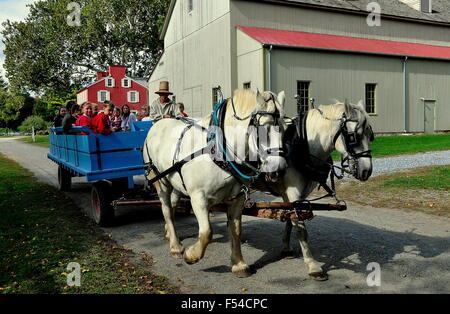 Lancaster, PA: scuola di equitazione per bambini in un carro trainato da due cavalli bianchi a Landis Valley Village e Museo Agricolo Foto Stock