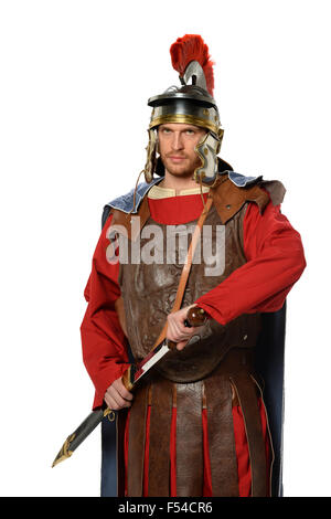 Ritratto di soldato romano con la spada isolate su sfondo bianco Foto Stock
