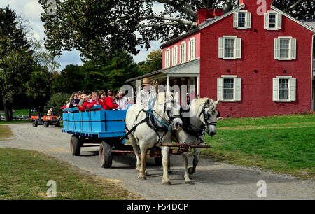 Lancaster, Pennsylvania: scuola i bambini godono di equitazione in un carro di legno trainato da due cavalli bianchi Foto Stock