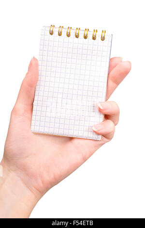 Femmina tenuta a mano notebook con legante dorata isolato su bianco con percorso di clipping. Prospettiva in prima persona Foto Stock