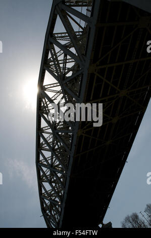 Acciaio ponte ferroviario visto dal di sotto con il sole alle spalle. Foto Stock