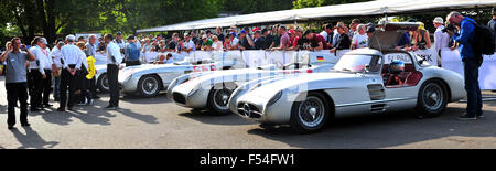 Una fila di Mercedes-Benz SLR 300 vetture da corsa all'interno del paddock al Festival di Goodwood di velocità. Foto Stock