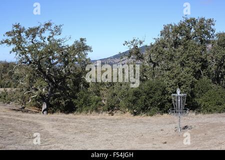 Un disc golf foro cesto su un corso di gru Creek Park di Santa Rosa, California. Foto Stock