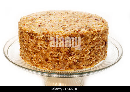 Tutto il tedesco torta al cioccolato sulla piastra isolata su sfondo bianco. Foto Stock