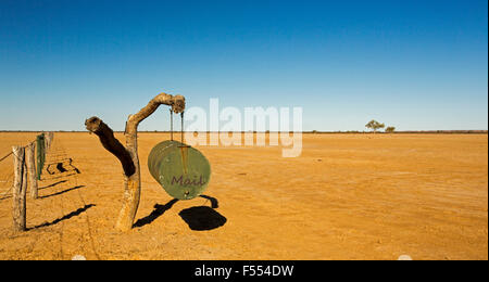 Vista panoramica di outback australiano paesaggio con la casella di posta elettronica su vasta pianura brulla allungamento all' orizzonte e cielo blu durante la siccità Foto Stock